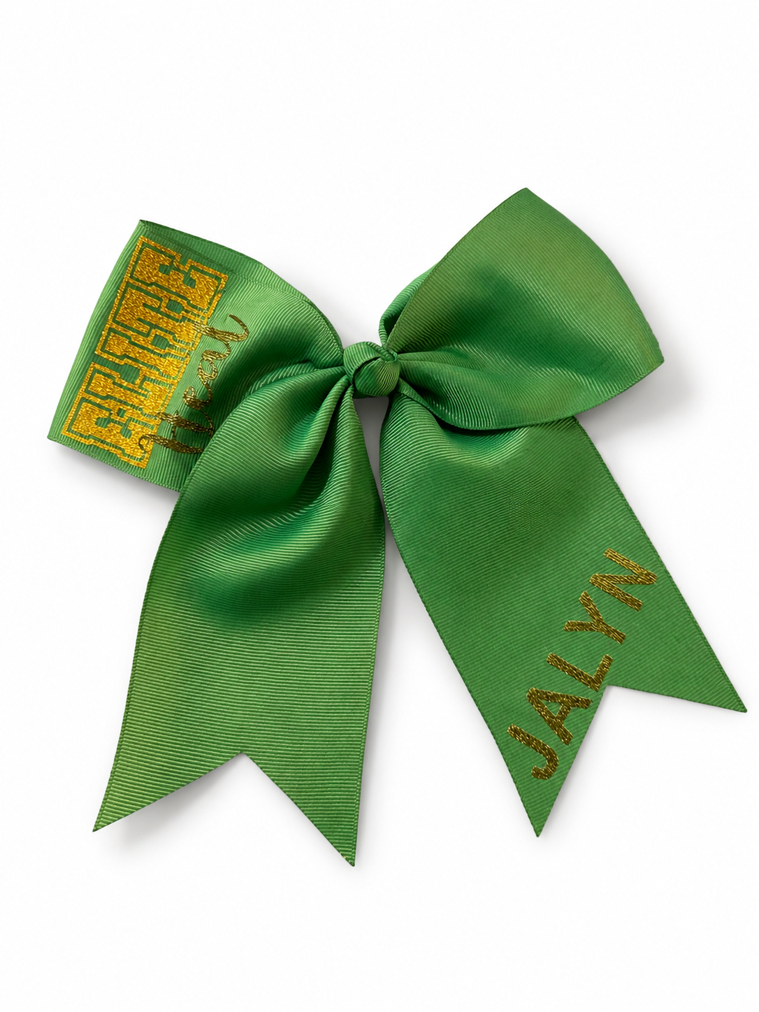 Green cheer bow with gold personalized details