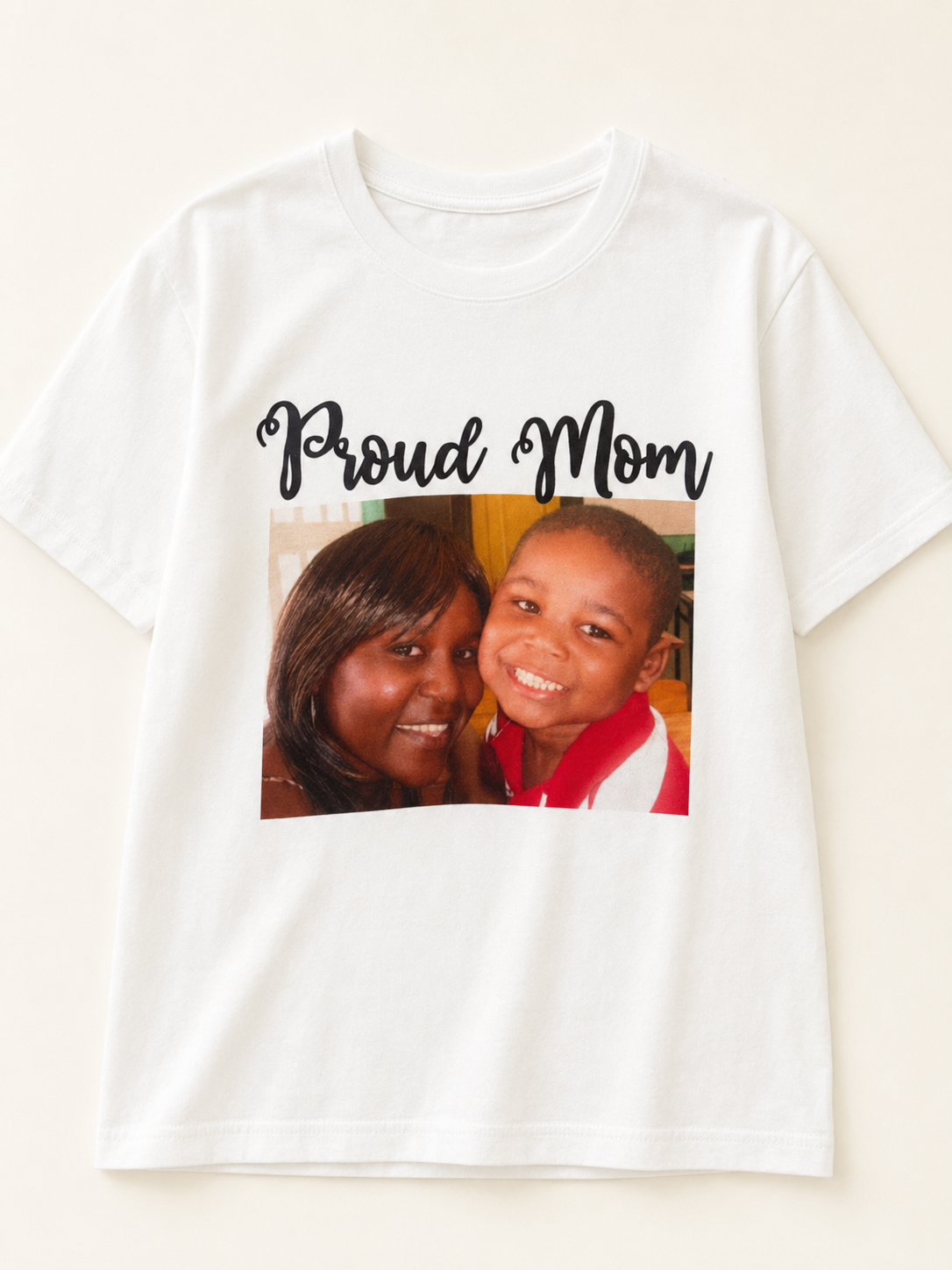 White proud mom shirt with custom photo print