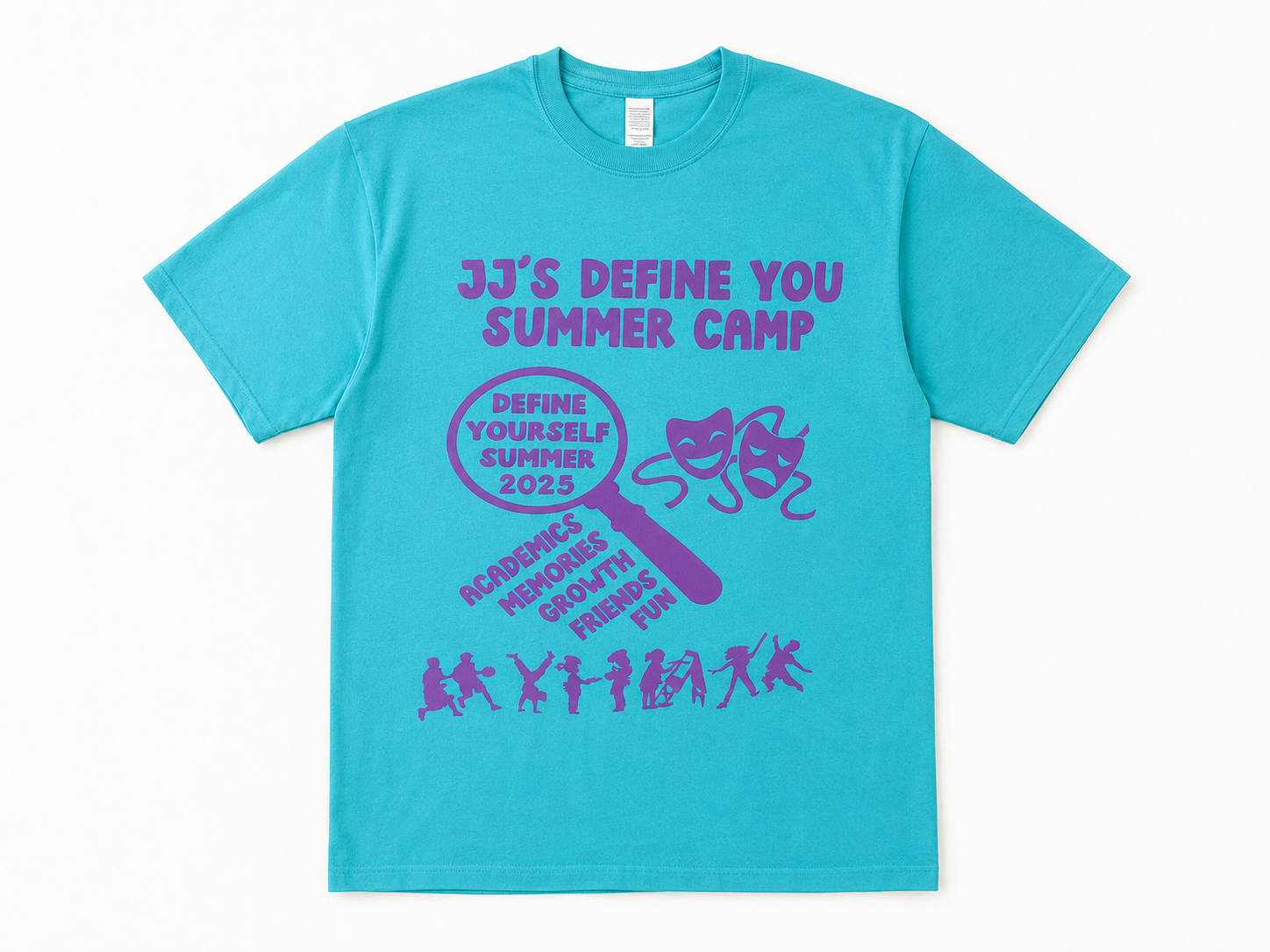 Turquoise summer camp shirt with purple design